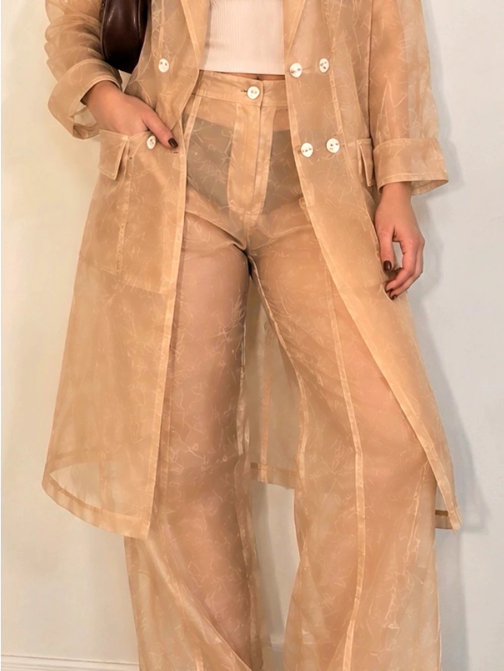 JLUXLABEL Sheer Double Breasted Trench Coat in Brown Size Small NWT